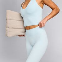 SoftMotion™ High Waisted Capri Leggings with Grey Logo | Cloud Blue
