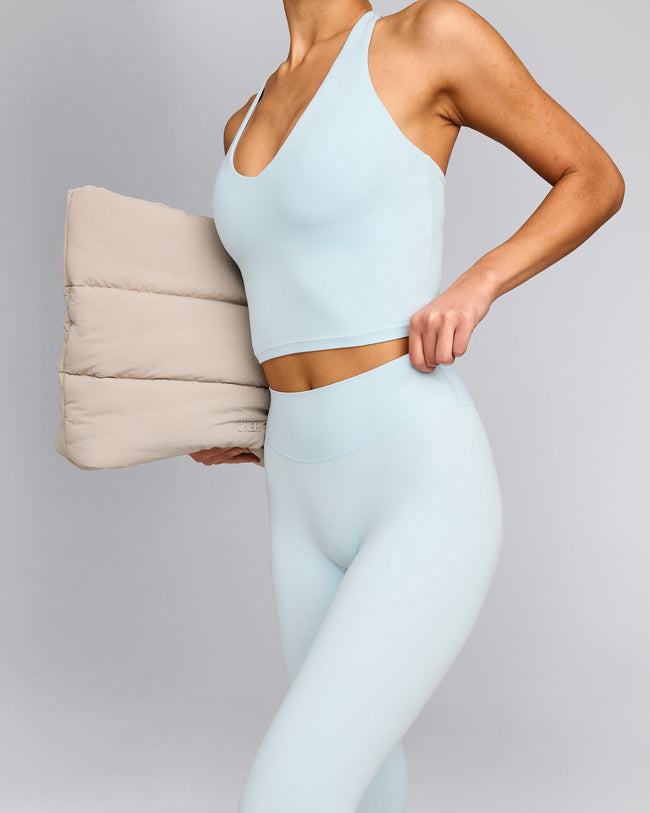 SoftMotion™ High Waisted Capri Leggings with Grey Logo | Cloud Blue