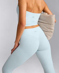 SoftMotion™ High Waisted Capri Leggings with Grey Logo | Cloud Blue