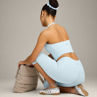 SoftMotion™ High Waisted Capri Leggings with Grey Logo | Cloud Blue