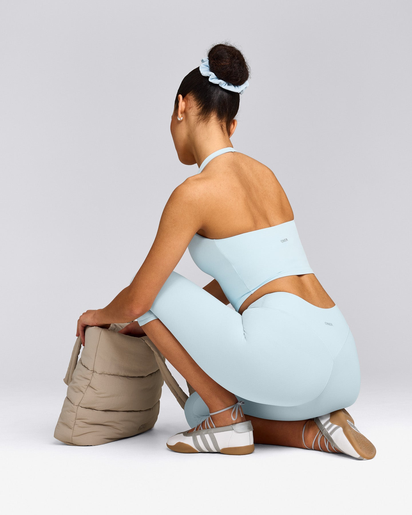 SoftMotion™ High Waisted Capri Leggings with Grey Logo | Cloud Blue