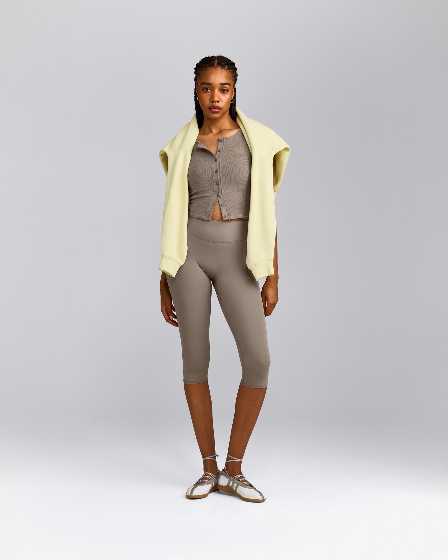 SoftMotion™ High Waisted Capri Leggings with Grey Logo | Minky