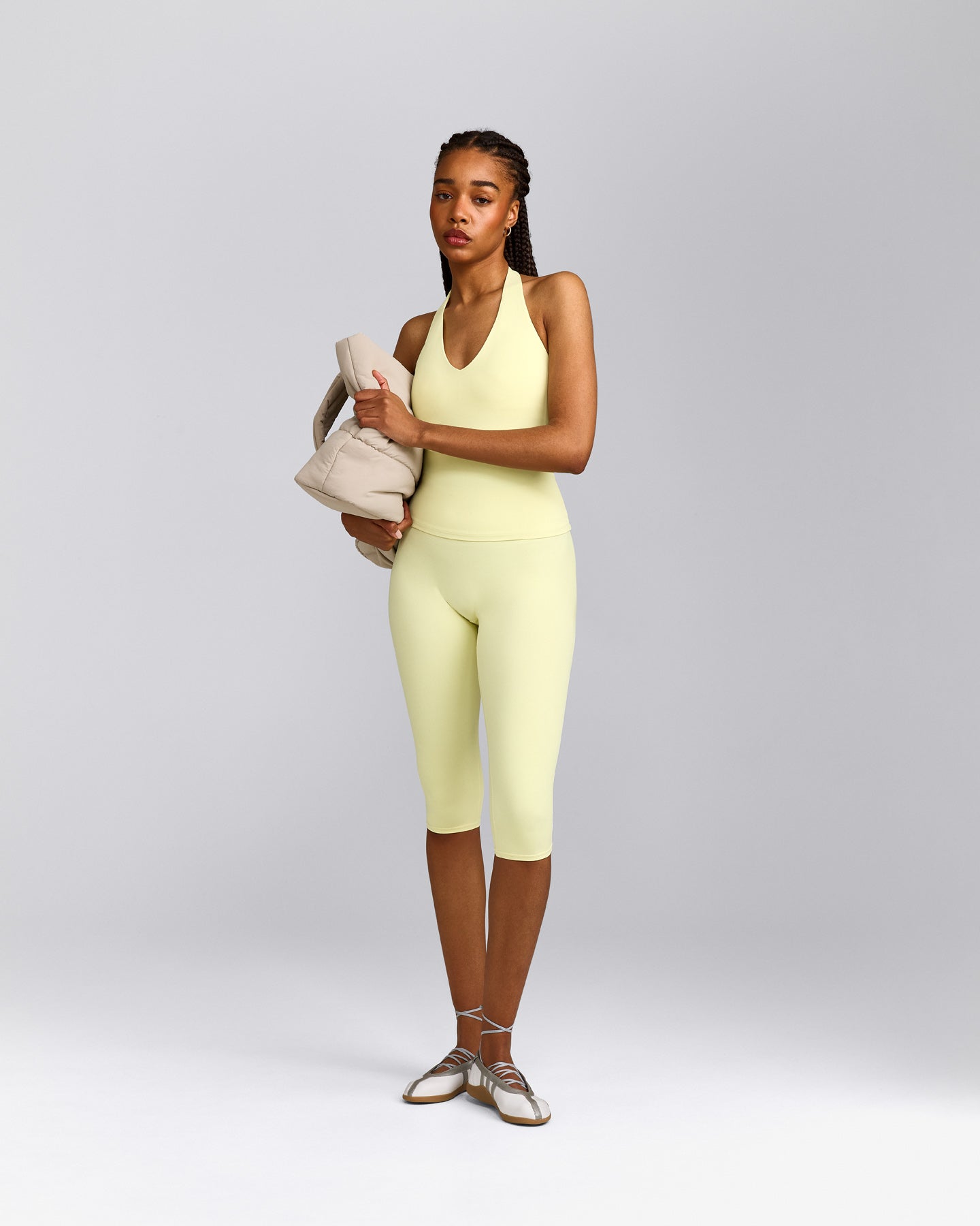 SoftMotion™ High Waisted Capri Leggings with Grey Logo | Pastel Yellow