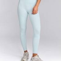 SoftMotion™ High Waisted Leggings with Grey Logo | Cloud Blue