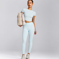 SoftMotion™ High Waisted Leggings with Grey Logo | Cloud Blue