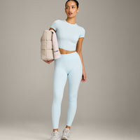 SoftMotion™ High Waisted Leggings with Grey Logo | Cloud Blue