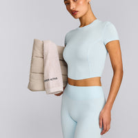 SoftMotion™ High Waisted Leggings with Grey Logo | Cloud Blue