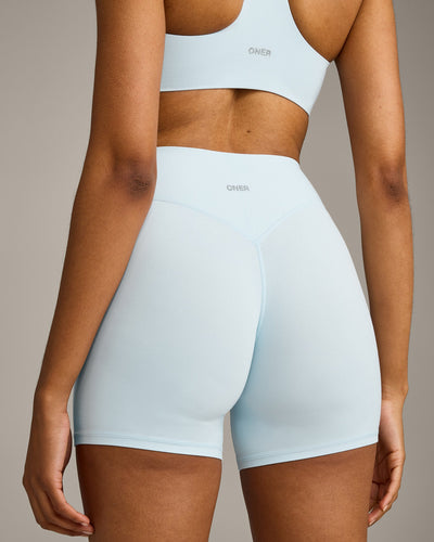 SoftMotion™ High Waisted Shorts 6" with Grey Logo | Cloud Blue