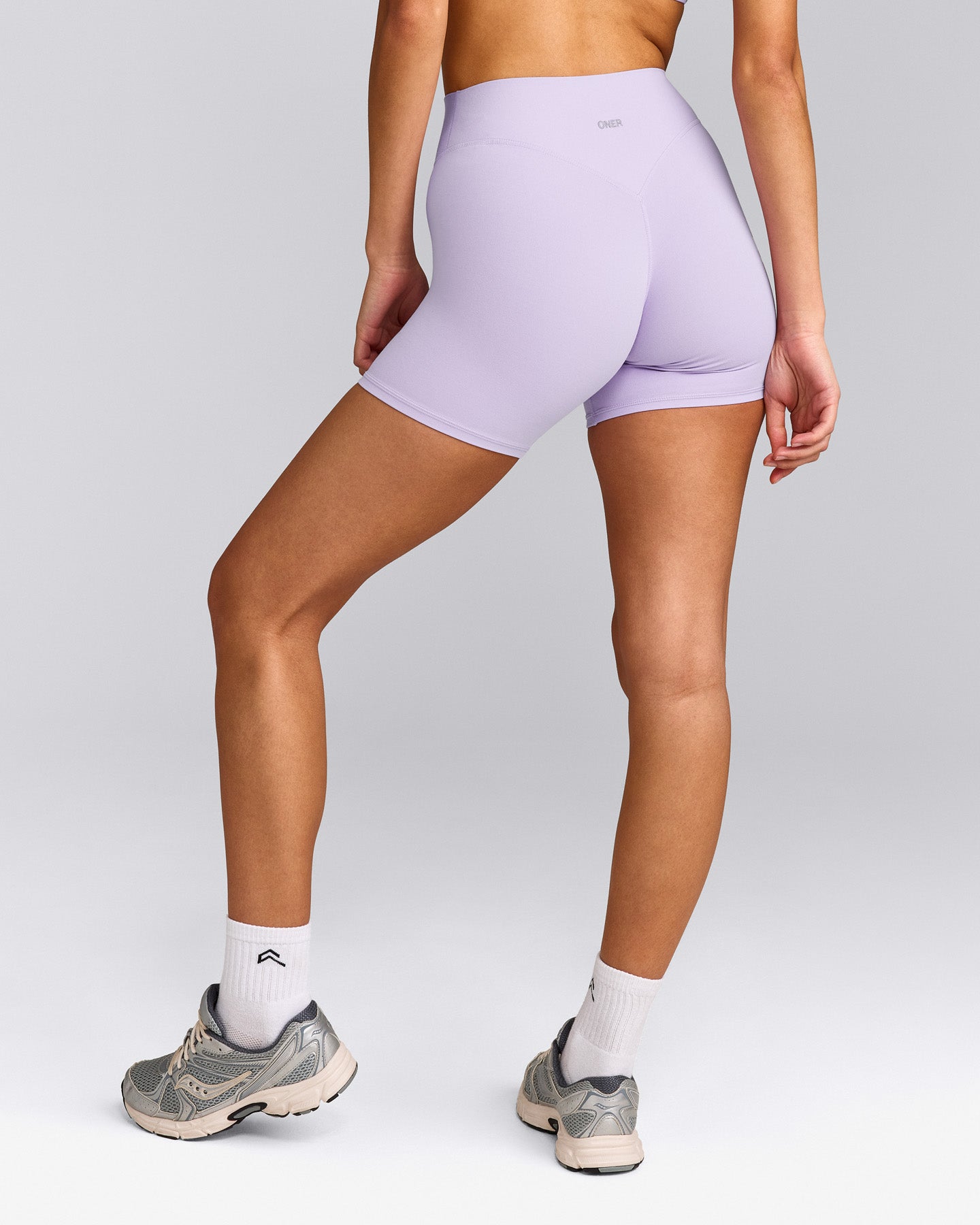 SoftMotion™ High Waisted Shorts 6" with Grey Logo | Lavender Purple