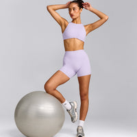 SoftMotion™ High Waisted Shorts 6" with Grey Logo | Lavender Purple