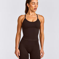 EnhanceLift™ Seamless Strappy Racer Tank Top with Built in Bra Shelf with Grey Logo | 70% Cocoa