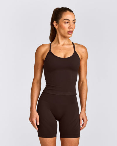 EnhanceLift™ Seamless Strappy Racer Tank Top with Built in Bra Shelf with Grey Logo | 70% Cocoa
