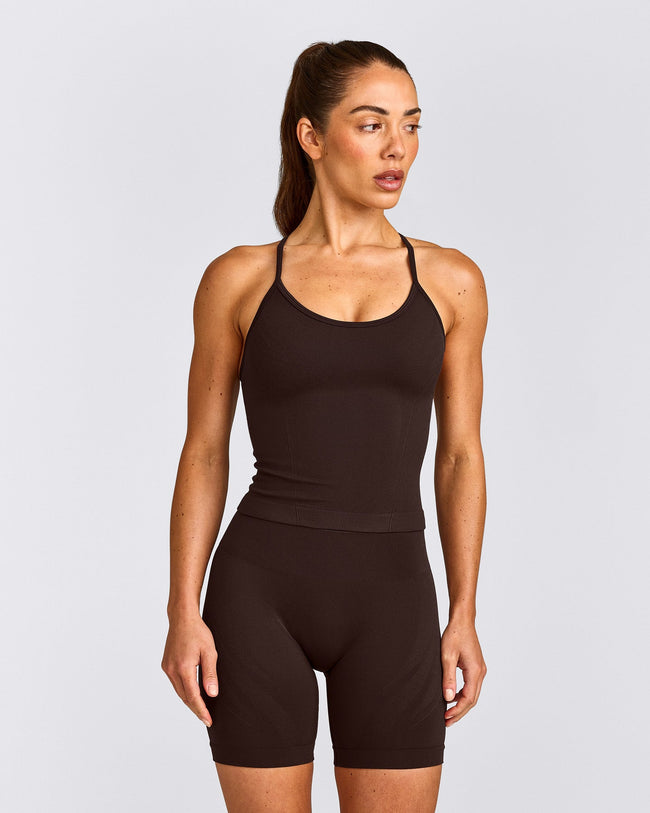 EnhanceLift™ Seamless Strappy Racer Tank Top with Built in Bra Shelf with Grey Logo | 70% Cocoa