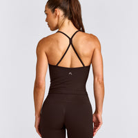 EnhanceLift™ Seamless Strappy Racer Tank Top with Built in Bra Shelf with Grey Logo | 70% Cocoa
