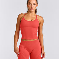 EnhanceLift™ Seamless Strappy Racer Tank Top with Built in Bra Shelf with Grey Logo | Dark Charged Coral