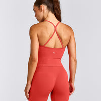 EnhanceLift™ Seamless Strappy Racer Tank Top with Built in Bra Shelf with Grey Logo | Dark Charged Coral