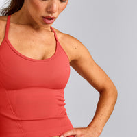 EnhanceLift™ Seamless Strappy Racer Tank Top with Built in Bra Shelf with Grey Logo | Dark Charged Coral