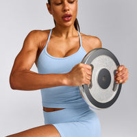 EnhanceLift™ Seamless Strappy Racer Tank Top with Built in Bra Shelf with Grey Logo | Powdered Blue