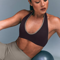 SoftMotion™ Minimal Halter Neck Bralette with Grey Logo | Dark Umber Brown