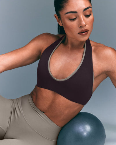 SoftMotion™ Minimal Halter Neck Bralette with Grey Logo | Dark Umber Brown