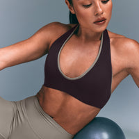 SoftMotion™ Minimal Halter Neck Bralette with Grey Logo | Dark Umber Brown