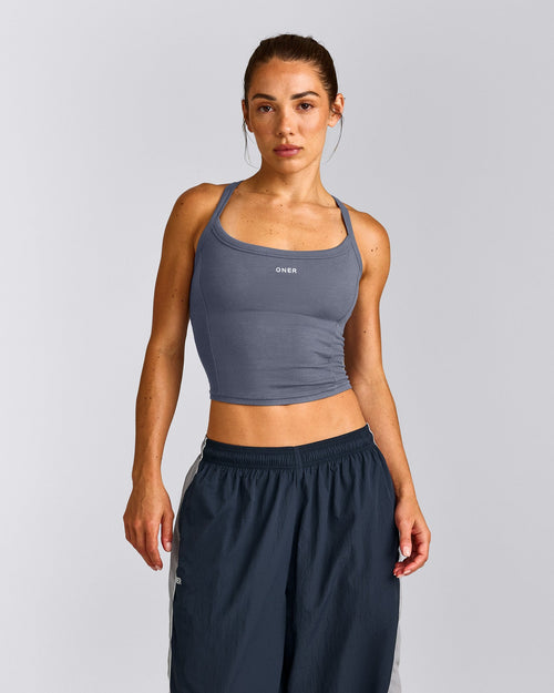Mellow™ Rib Racer Back Mid Vest with Built in Bra Shelf | Granite Blue