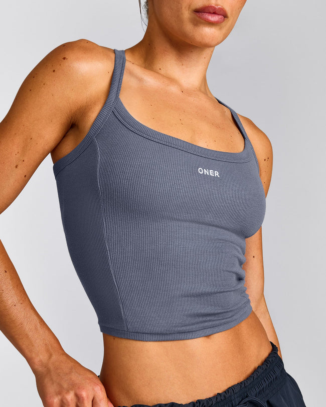 Mellow™ Rib Racer Back Mid Vest with Built in Bra Shelf | Granite Blue