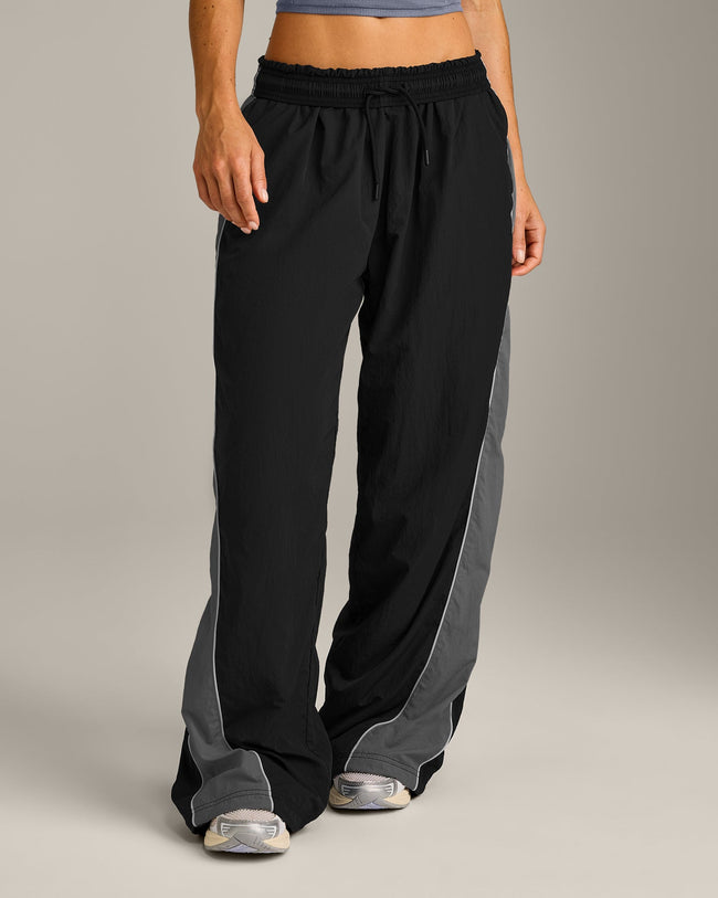 Oversized Contrast Piped Woven Straight Leg Track Bottoms | Black