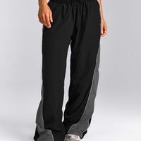 Oversized Contrast Piped Woven Straight Leg Track Bottoms | Black