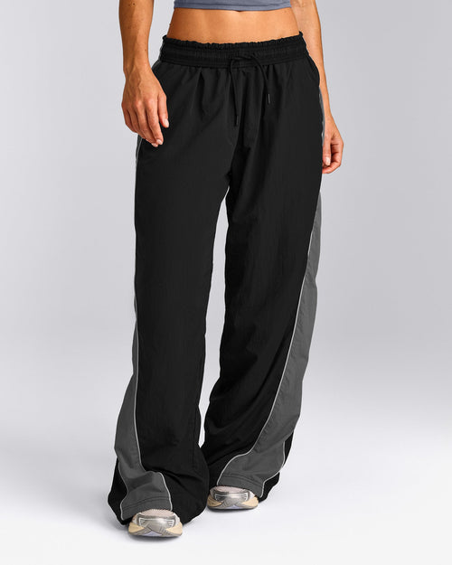 Oversized Contrast Piped Woven Straight Leg Track Bottoms | Black