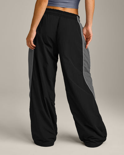 Oversized Contrast Piped Woven Straight Leg Track Bottoms | Black