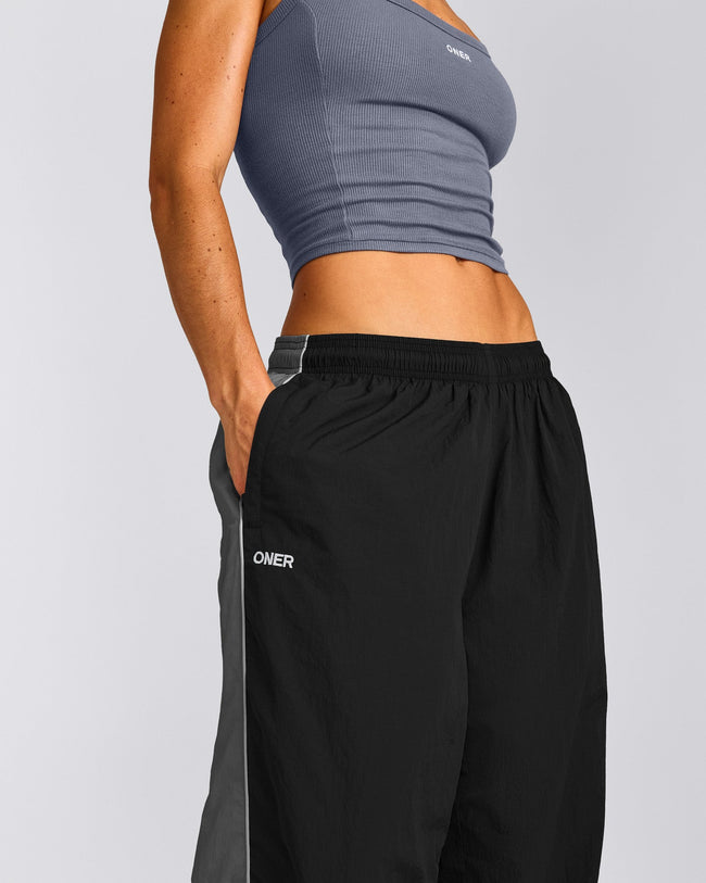 Oversized Contrast Piped Woven Straight Leg Track Bottoms | Black