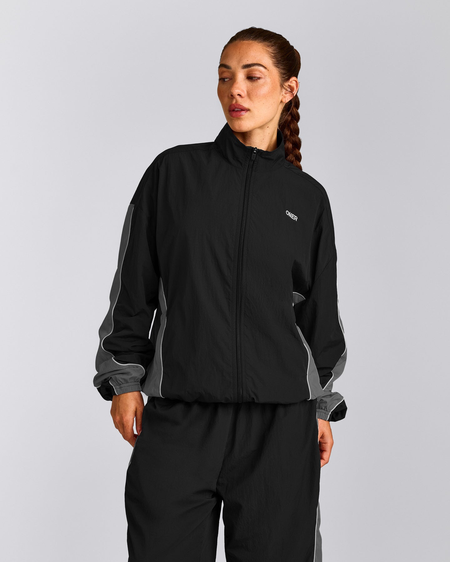 Oversized Contrast Piped Woven Track Jacket | Black