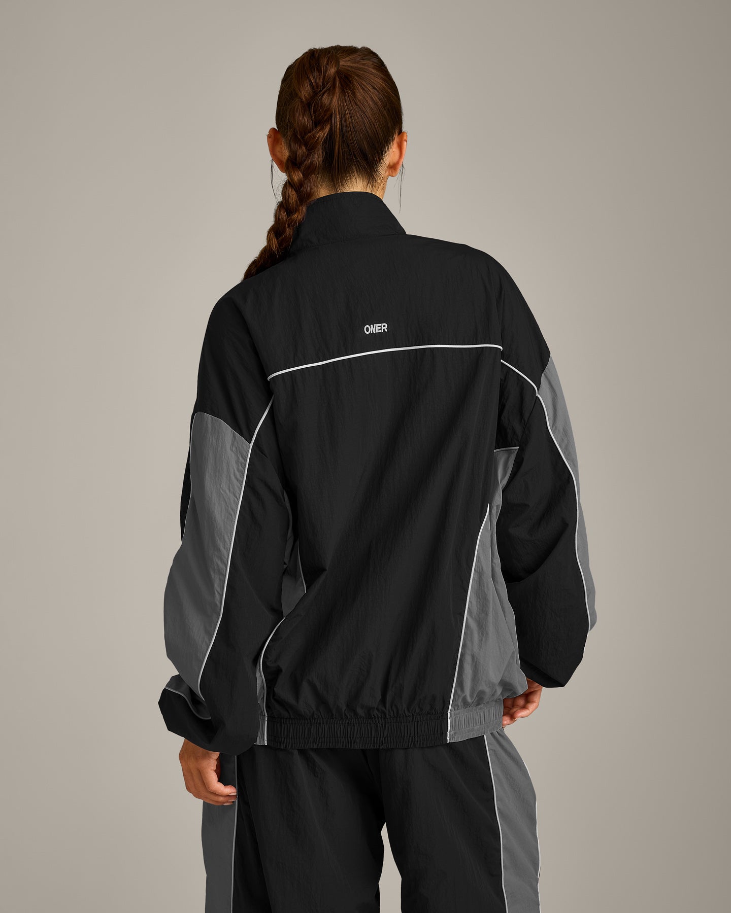 Oversized Contrast Piped Woven Track Jacket | Black
