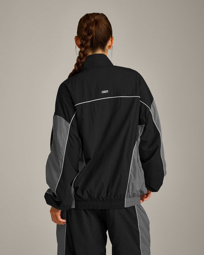 Oversized Contrast Piped Woven Track Jacket | Black