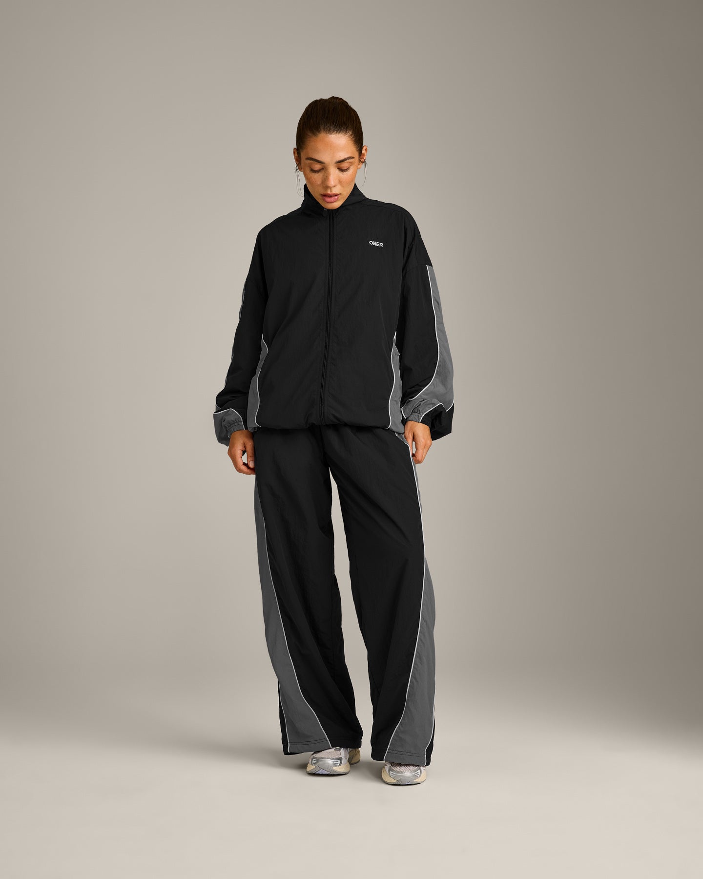 Oversized Contrast Piped Woven Track Jacket | Black
