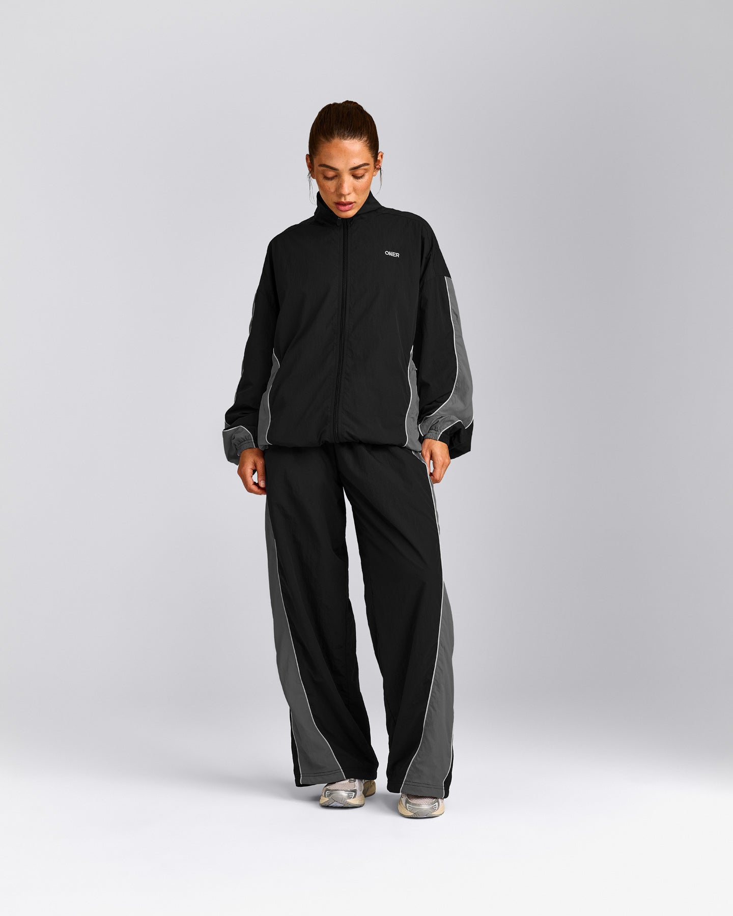 Oversized Contrast Piped Woven Track Jacket | Black