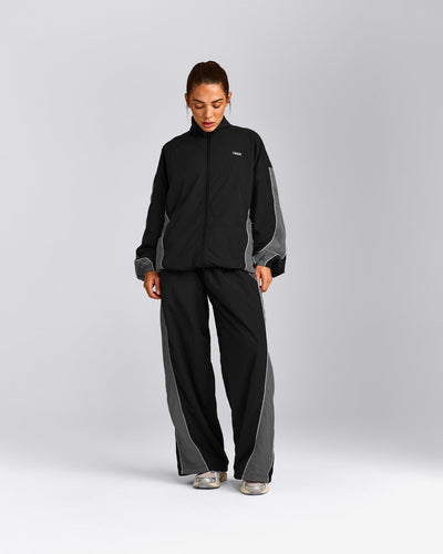 Oversized Contrast Piped Woven Track Jacket | Black