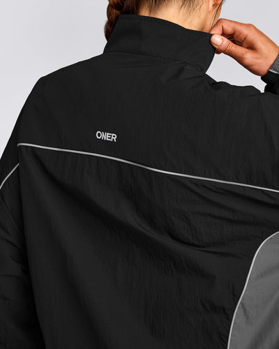 Oversized Contrast Piped Woven Track Jacket | Black