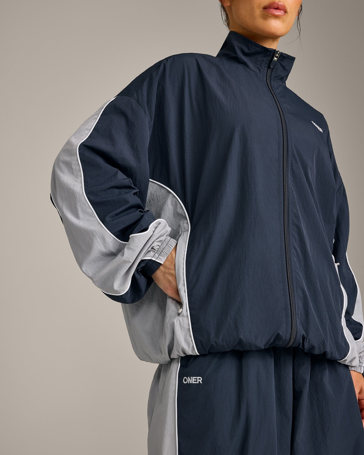 Oversized Contrast Piped Woven Track Jacket | True Blue