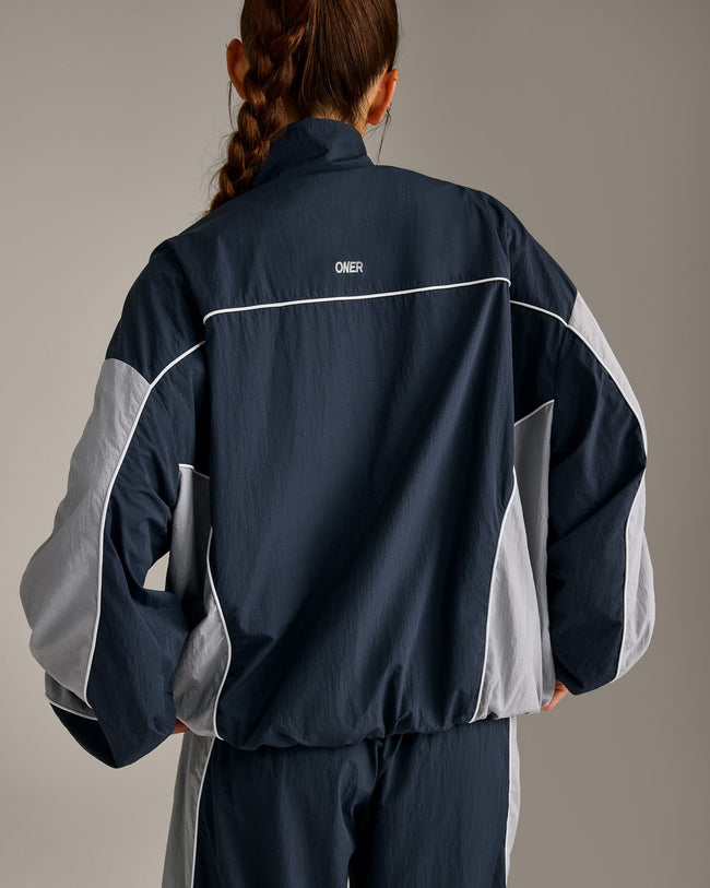 Oversized Contrast Piped Woven Track Jacket | True Blue