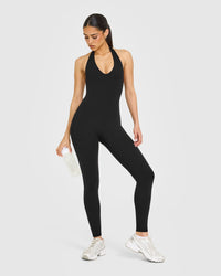 SoftMotion™ Halter Neck All In One Long with White Logo | Black