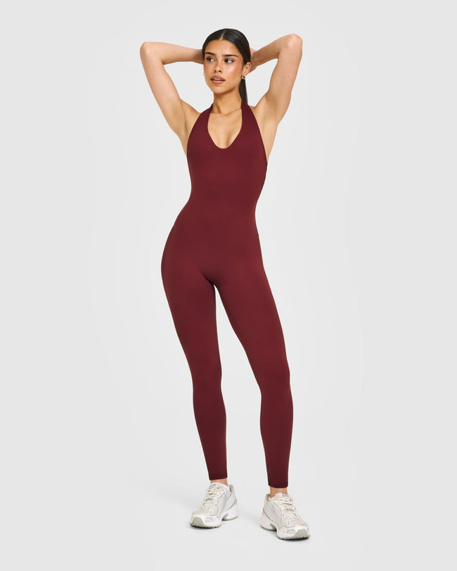 SoftMotion™ Halter Neck All In One Long with White Logo | Light Rosewood