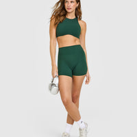 SoftMotion™ High Neck Sports Bra with White Logo | Dark Racing Green