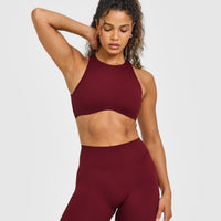 SoftMotion™ High Neck Sports Bra with White Logo | Light Rosewood