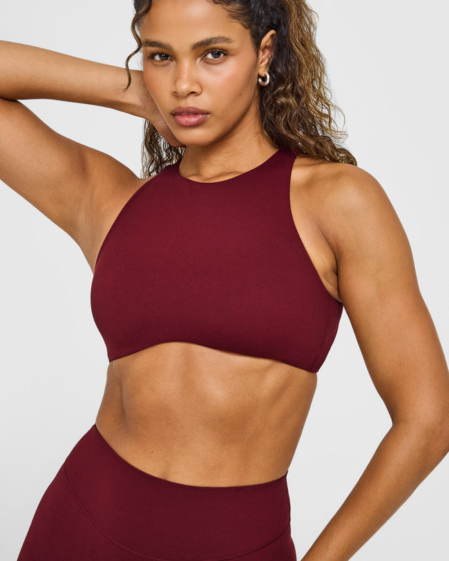 SoftMotion™ High Neck Sports Bra with White Logo | Light Rosewood