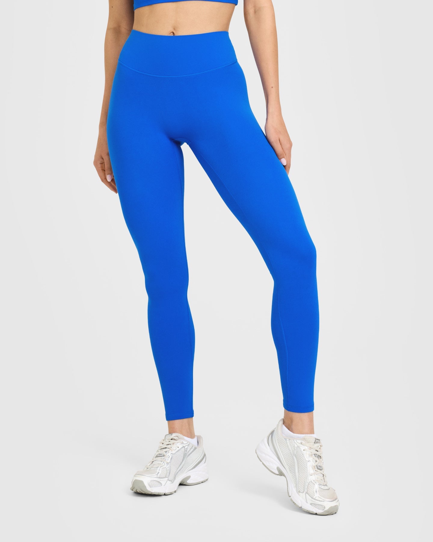 SoftMotion™ High Waisted Leggings with White Logo | Light Cobalt Blue
