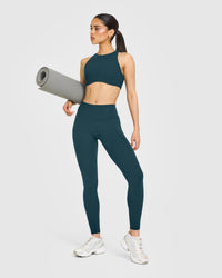 SoftMotion™ High Waisted Leggings with White Logo | Oil Blue