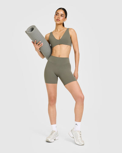 SoftMotion™ High Waisted Shorts 6" with White Logo | Alpine Green