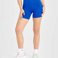 SoftMotion™ High Waisted Shorts 6" with White Logo | Light Cobalt Blue